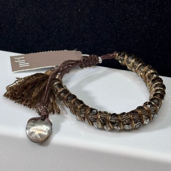 J Jill Crystal Beads Wrapped stranded Brown Pull Cord Bracelet Bolo W Tassle - Picture 1 of 8
